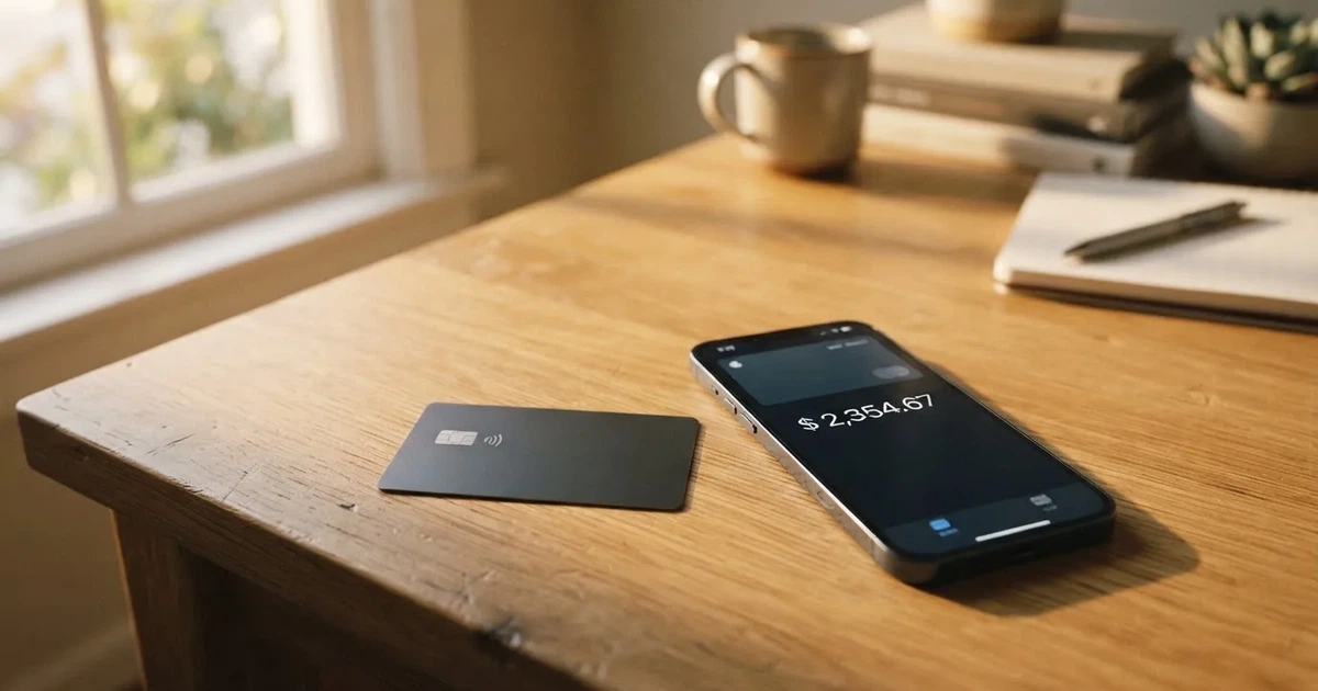 A payment card next to a phone with a crypto wallet app open