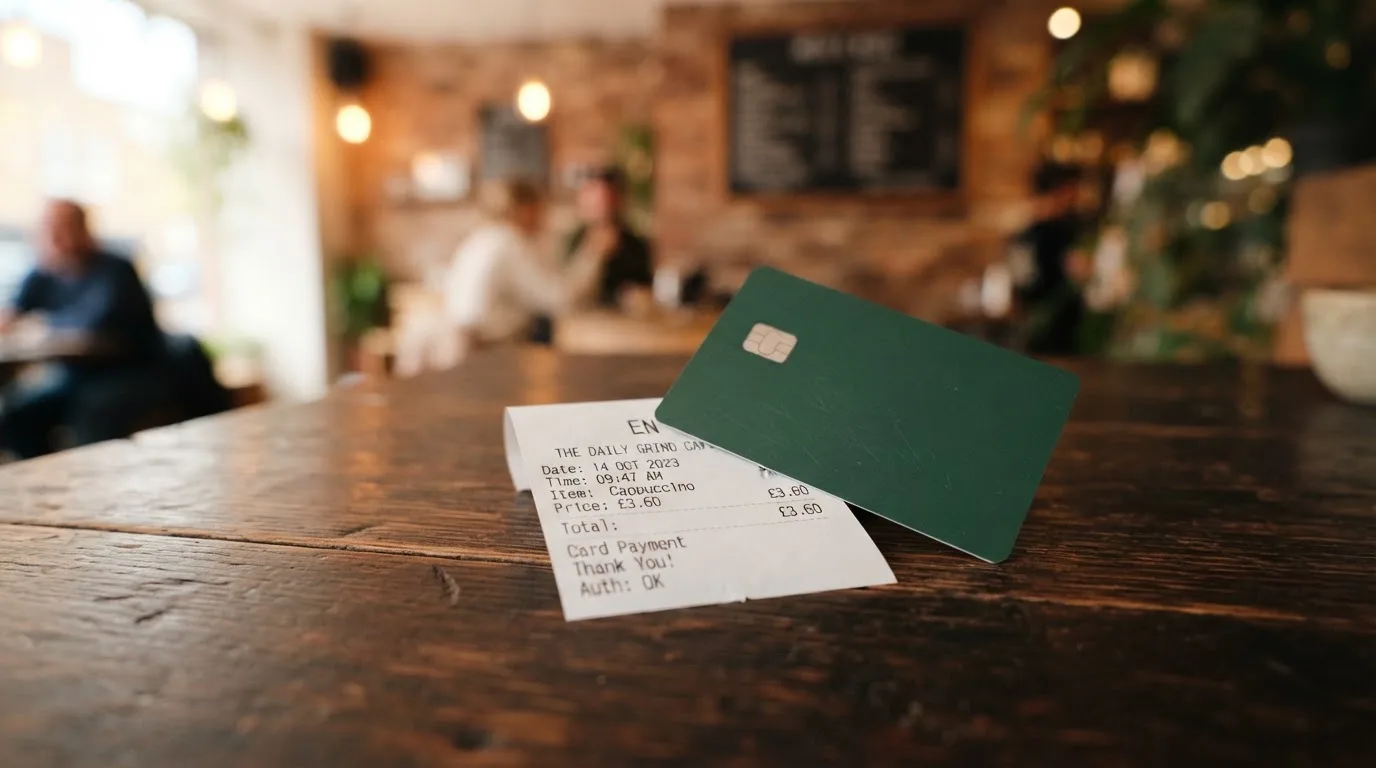 A receipt and a card on a café table