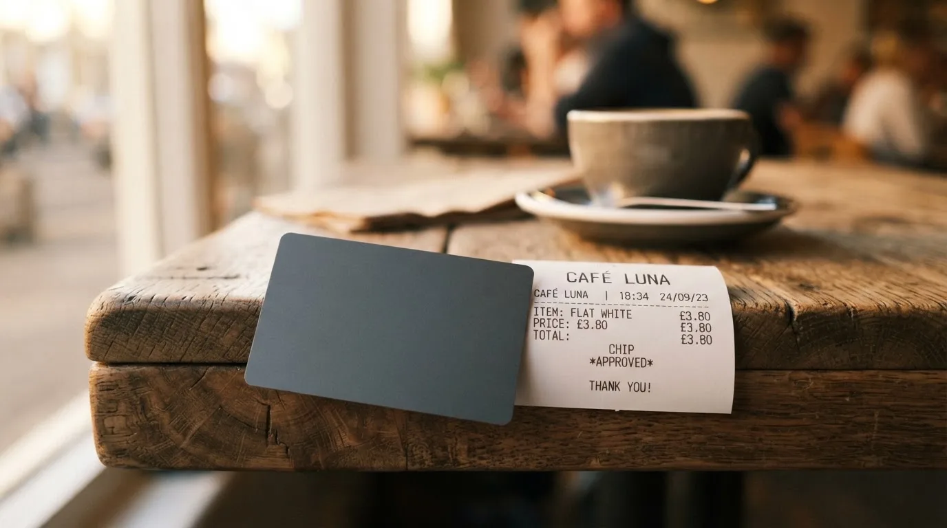 A receipt and a card on a café table