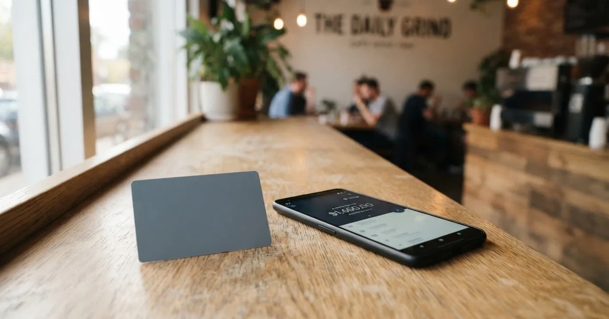 A payment card next to a phone with a crypto wallet app open