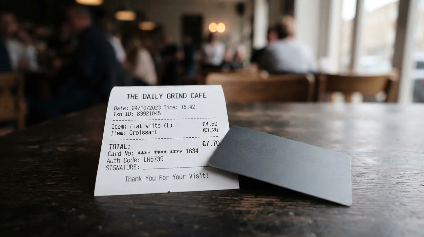A receipt and a card on a café table