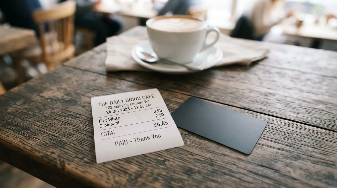 A receipt and a card on a café table