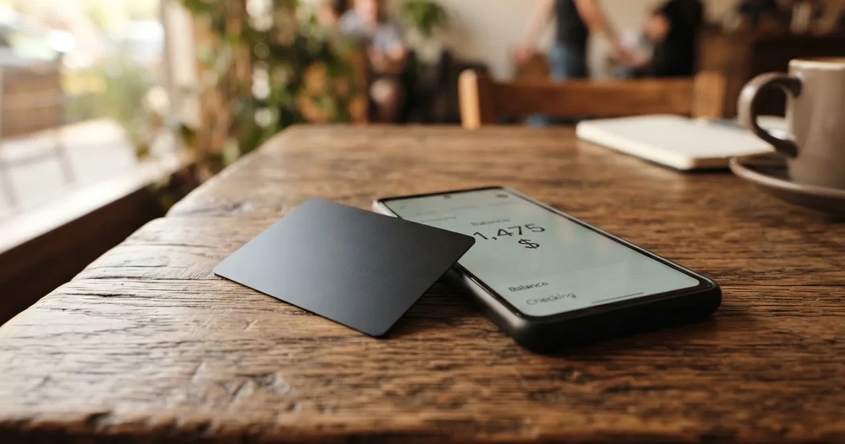 A payment card next to a phone with a crypto wallet app open