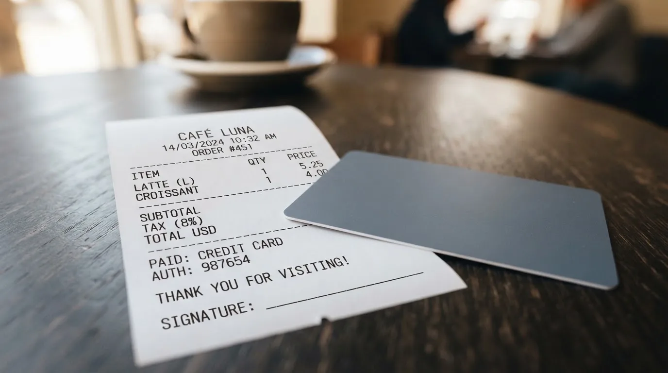 A receipt and a card on a café table