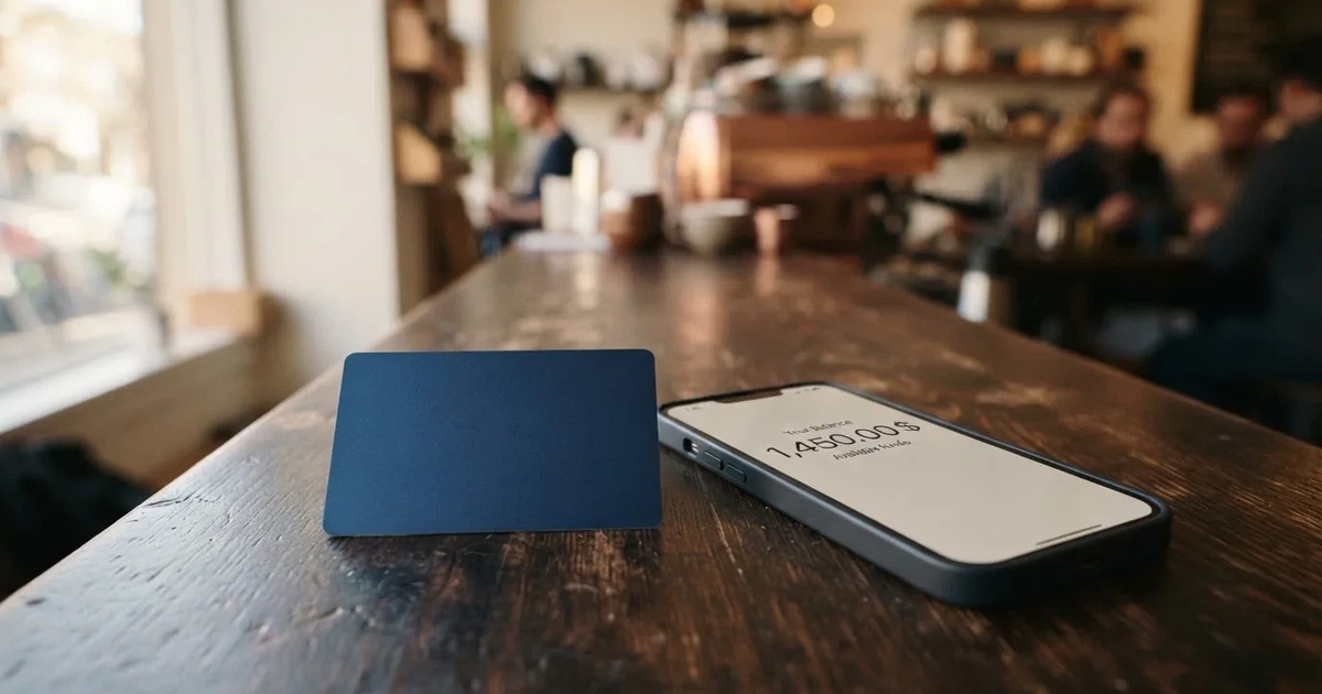 A payment card next to a phone with a crypto wallet app open