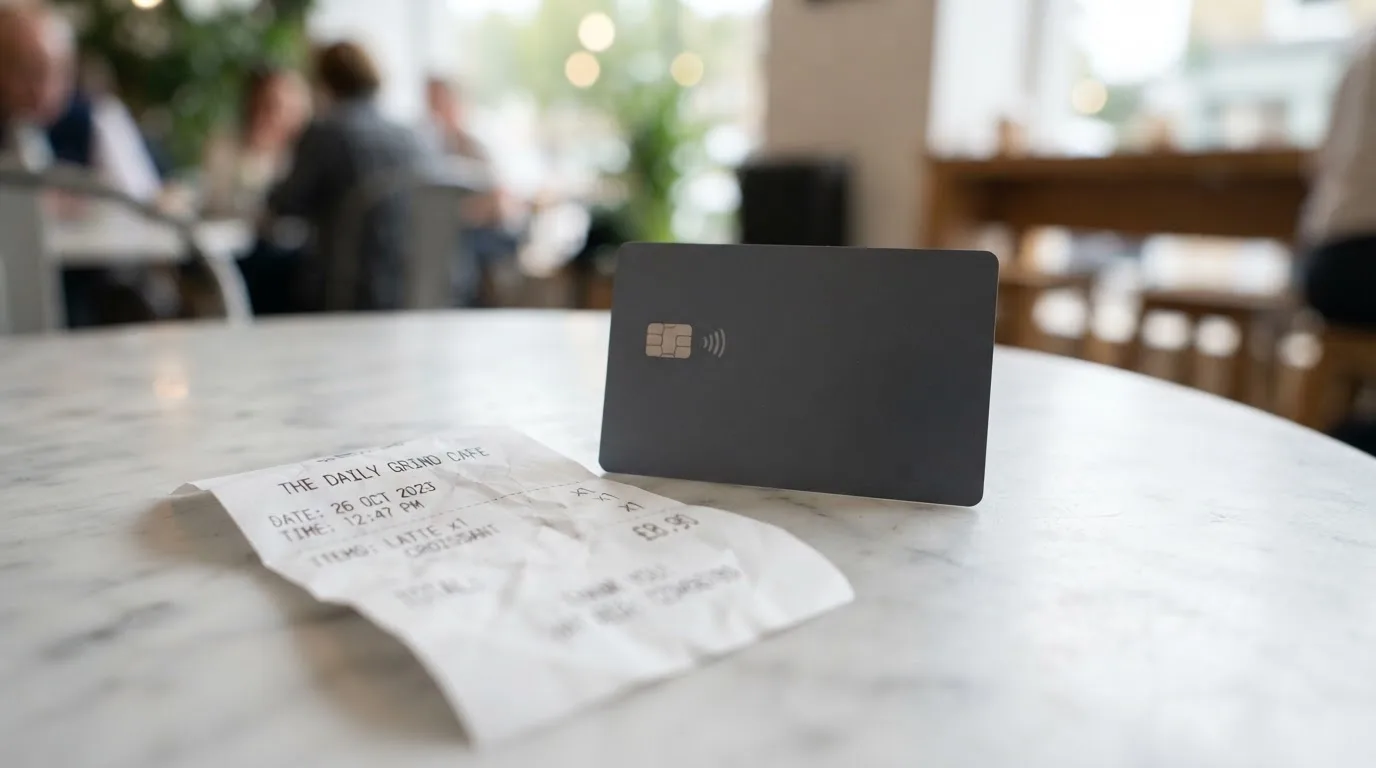 A receipt and a card on a café table