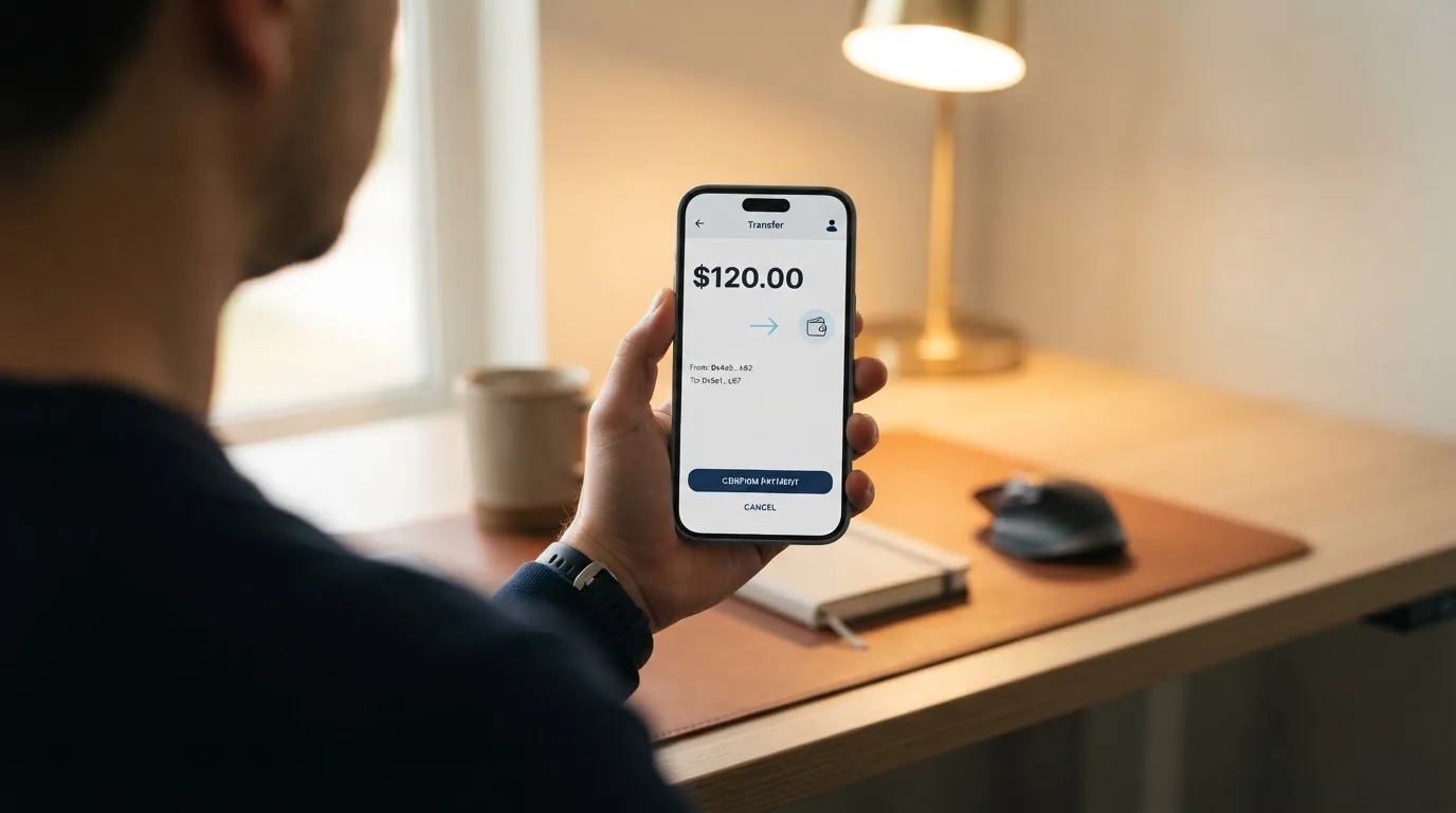 A phone showing a stablecoin transfer screen