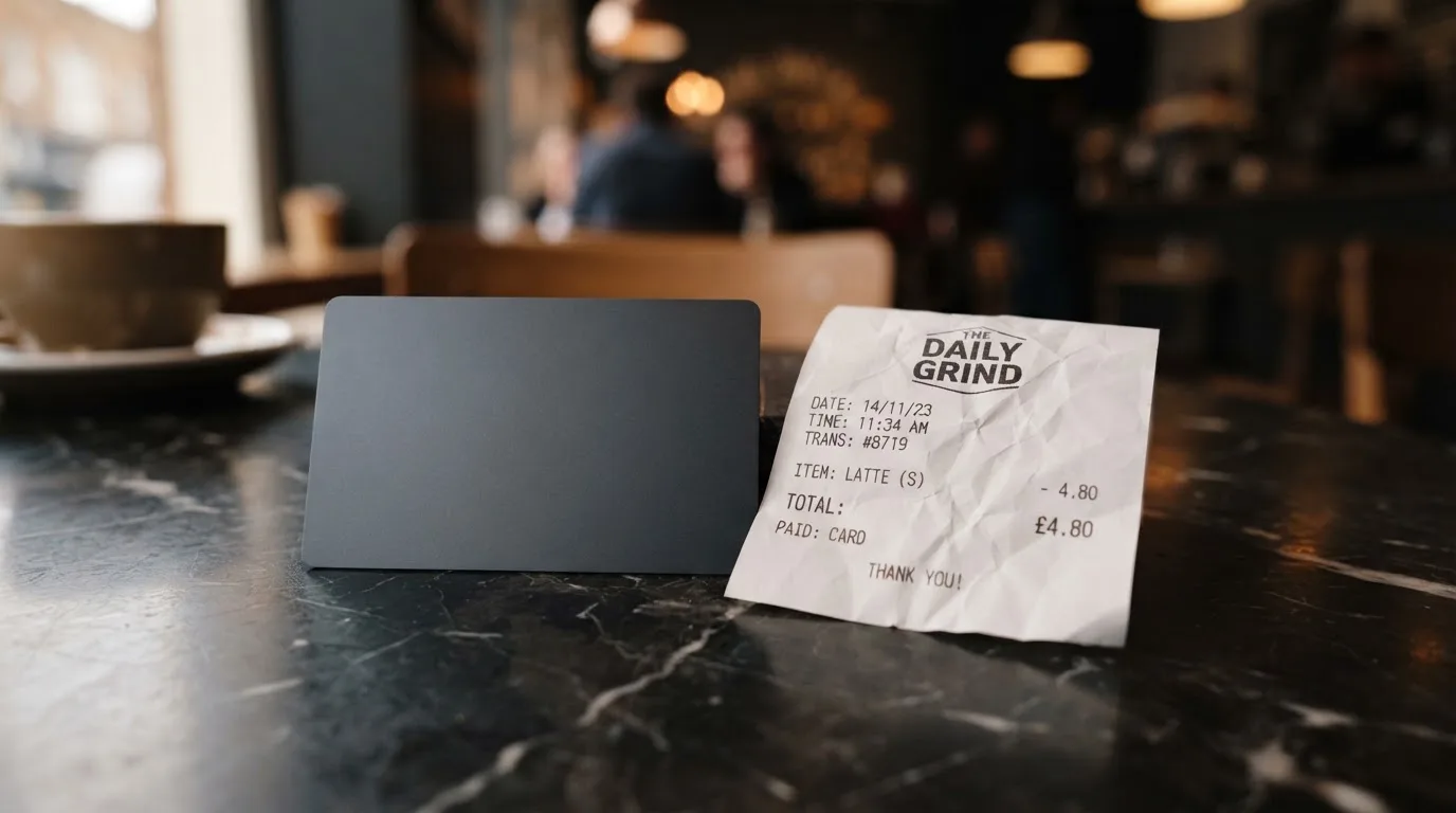 A receipt and a card on a café table