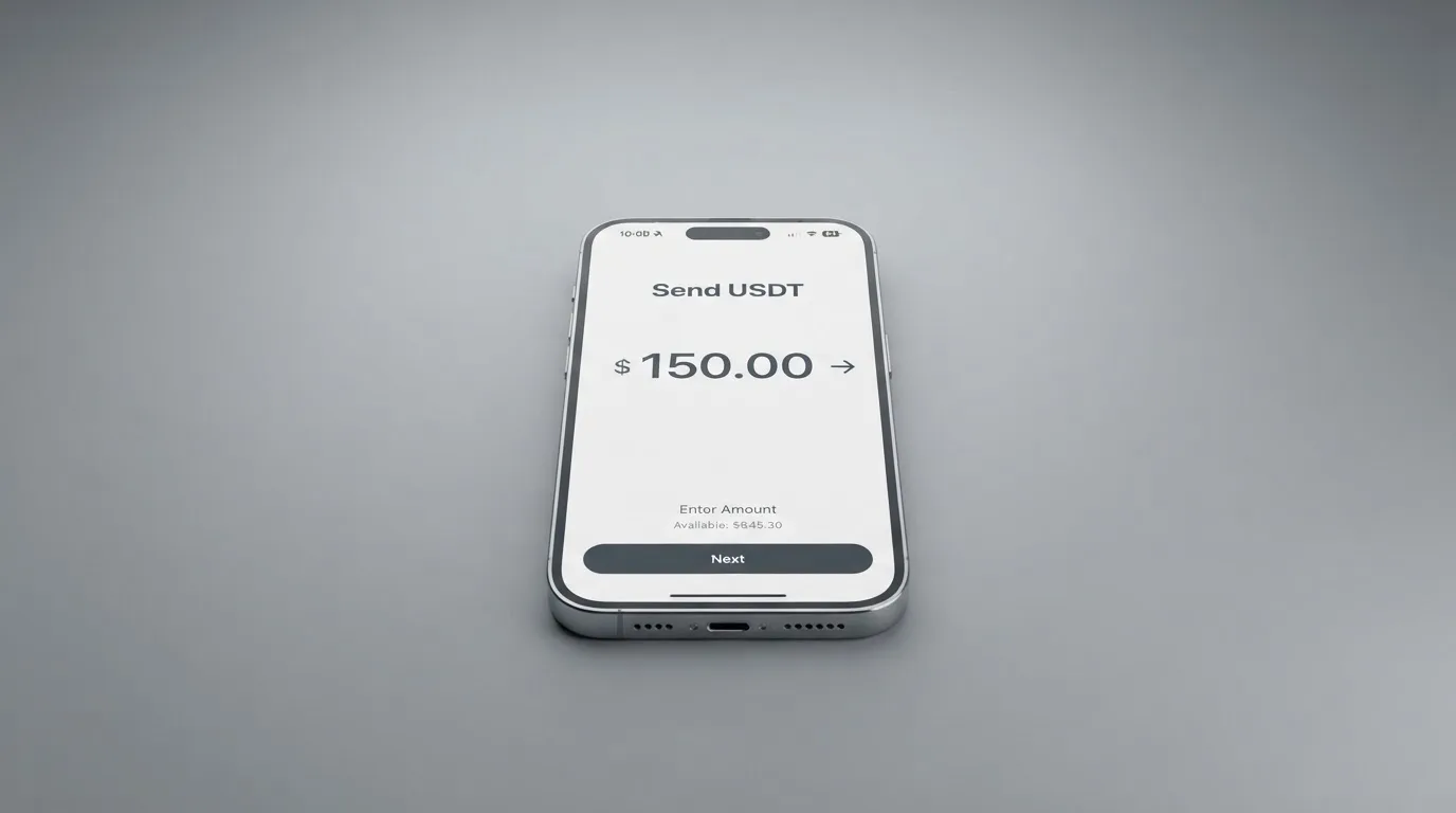 A phone showing a stablecoin transfer screen