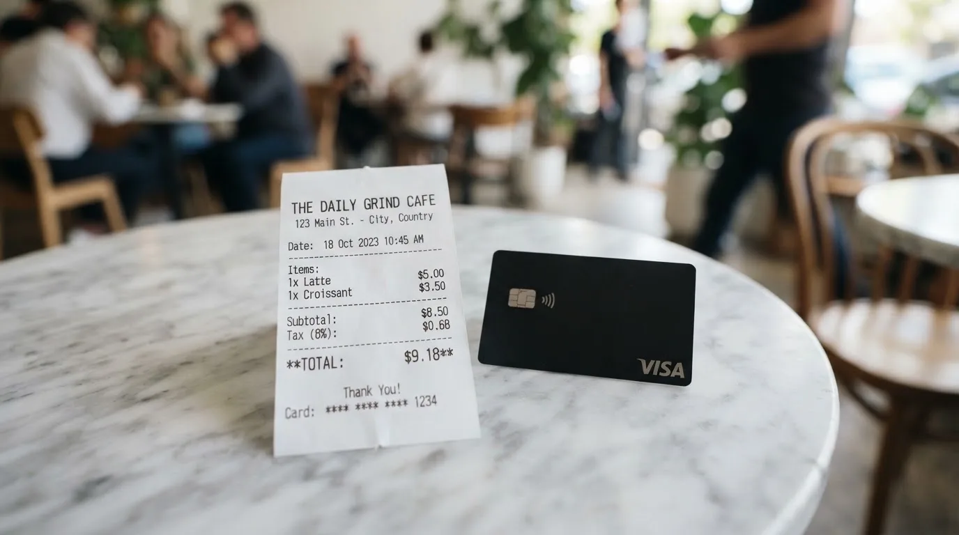 A receipt and a card on a café table