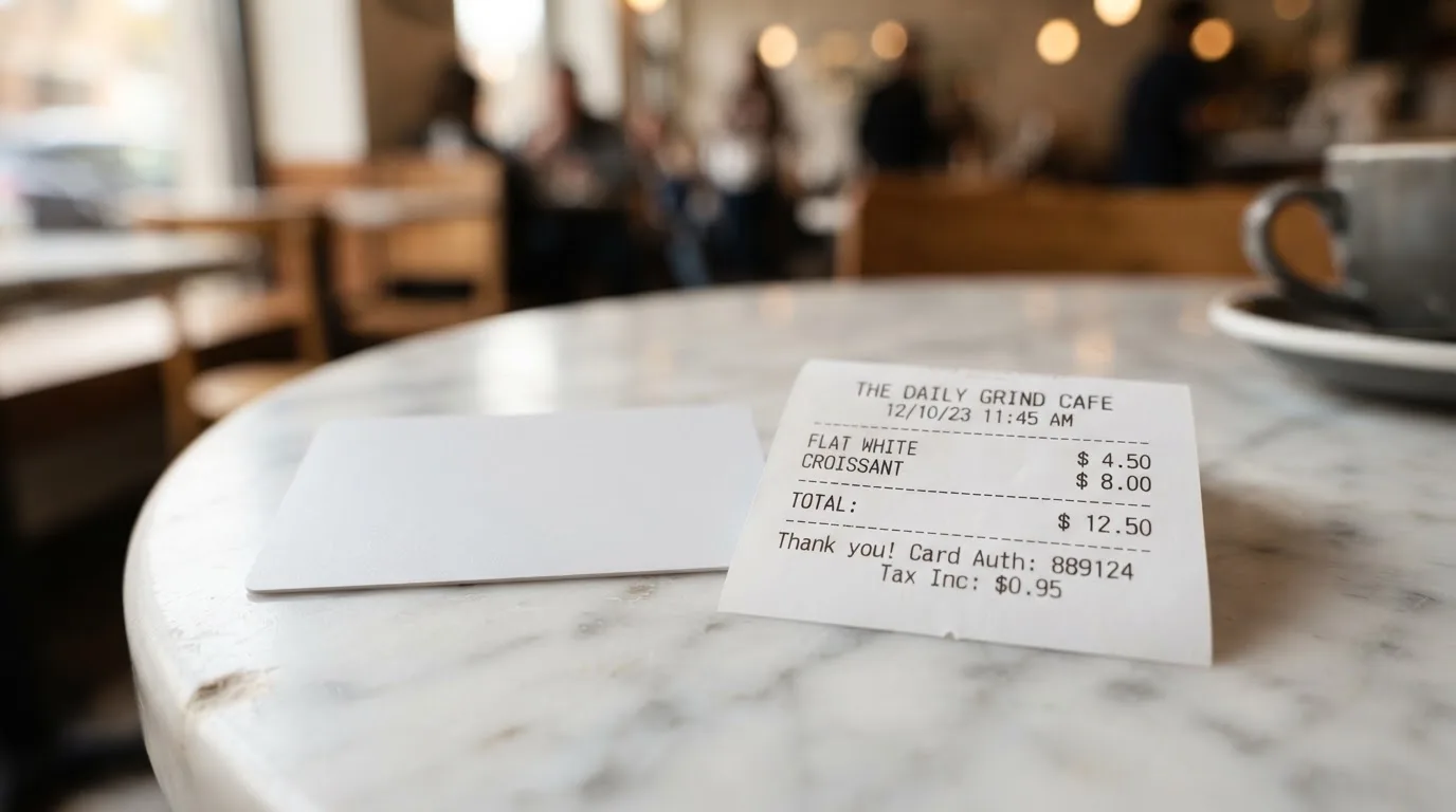 A receipt and a card on a café table