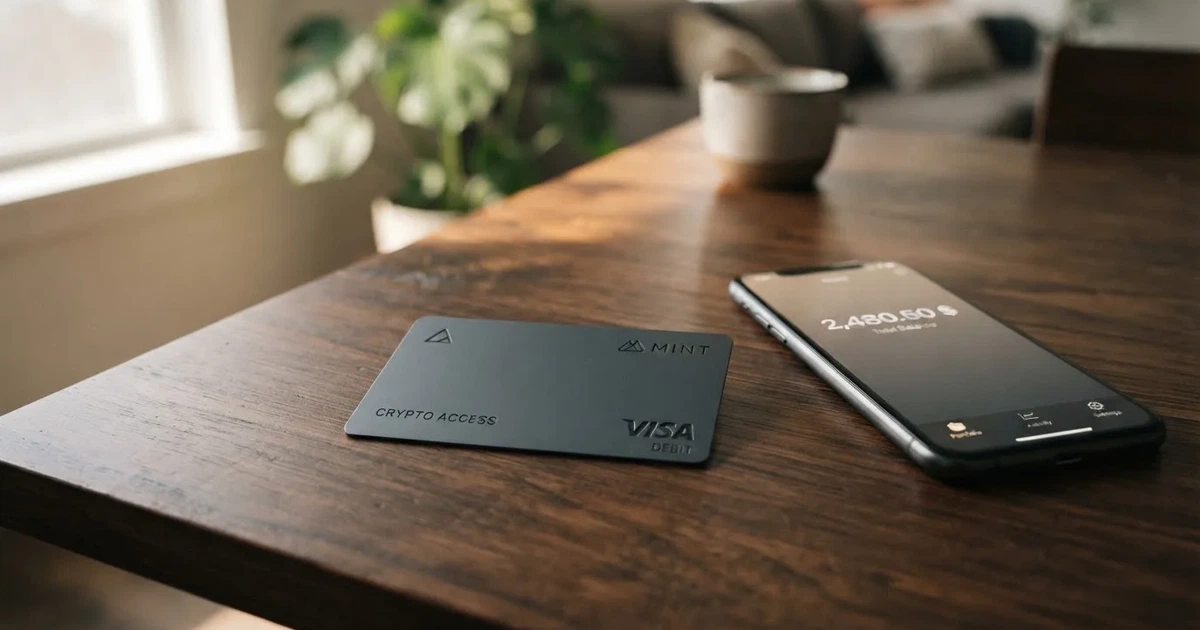 A payment card next to a phone with a crypto wallet app open