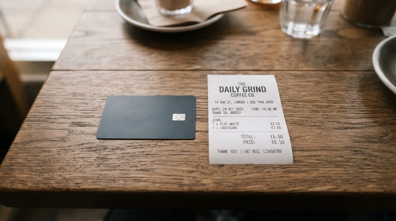 A receipt and a card on a café table