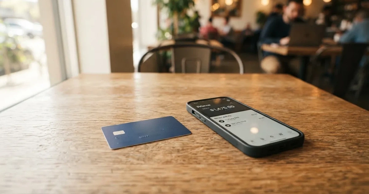A payment card next to a phone with a crypto wallet app open