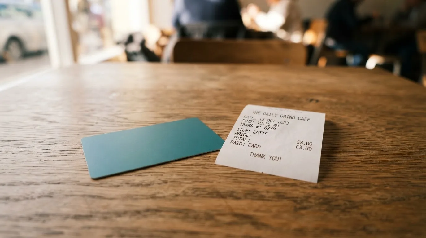 A receipt and a card on a café table