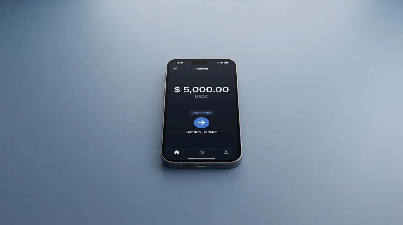A phone showing a stablecoin transfer screen