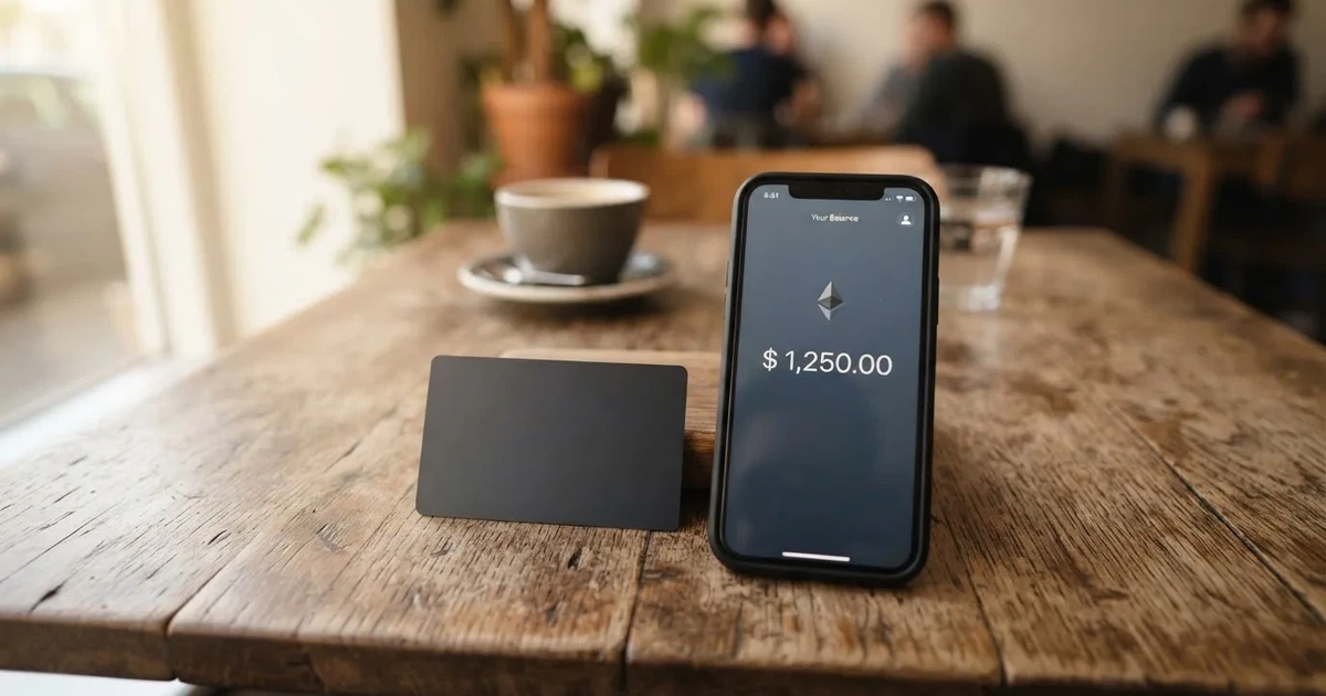 A payment card next to a phone with a crypto wallet app open