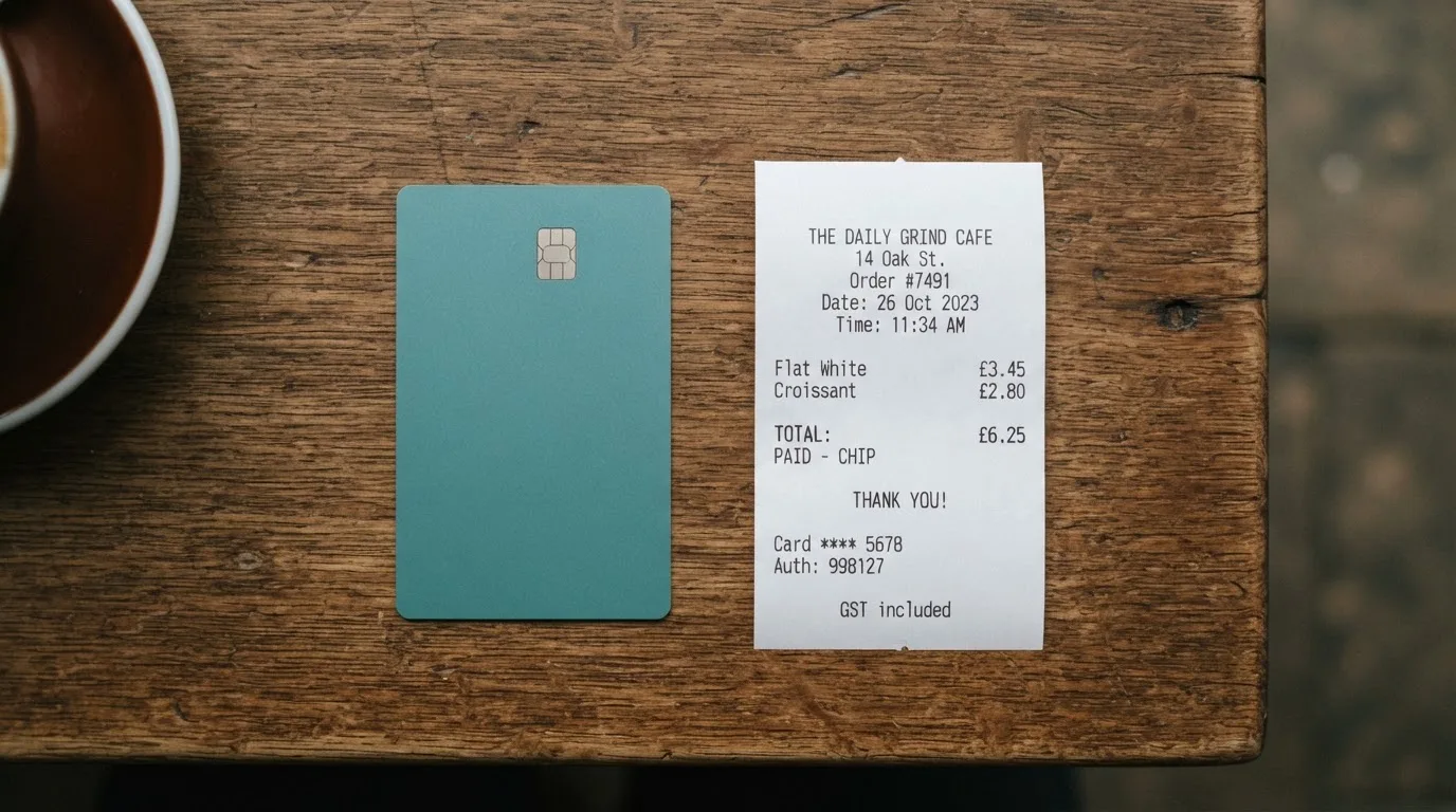 A receipt and a card on a café table