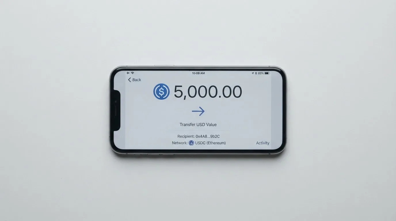 A phone showing a stablecoin transfer screen