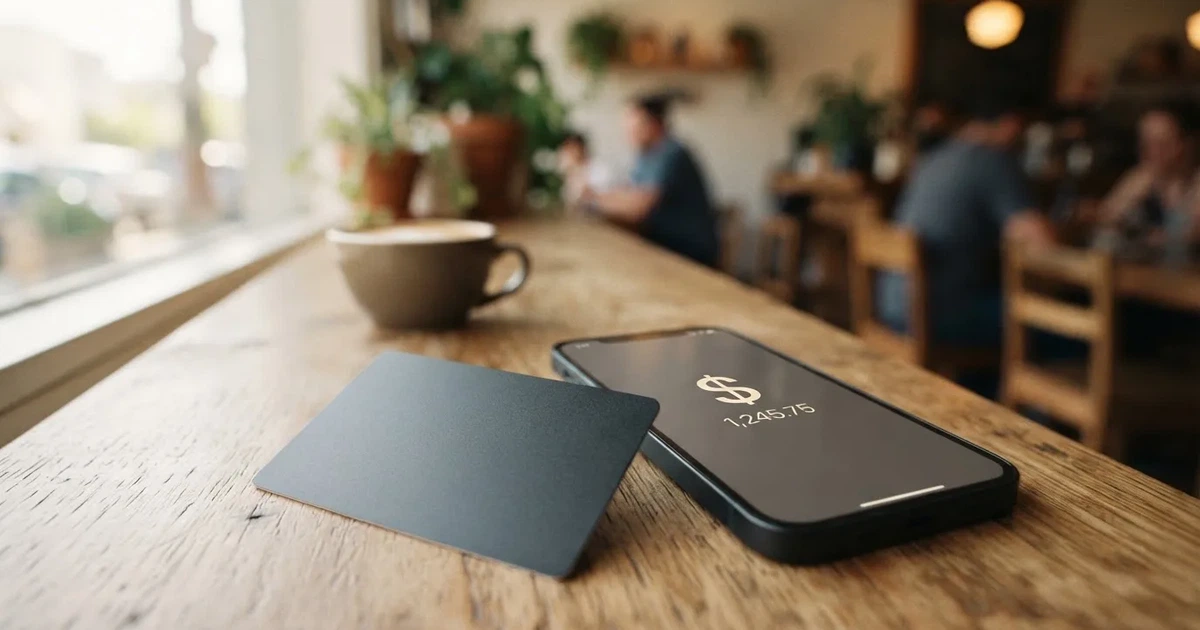 A payment card next to a phone with a crypto wallet app open