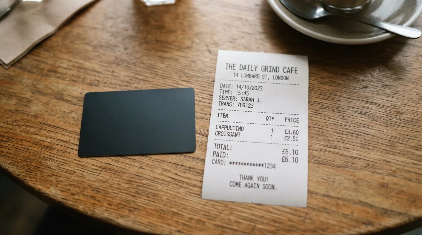A receipt and a card on a café table