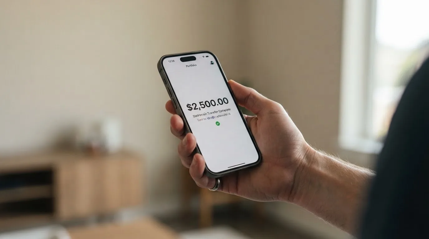 A phone showing a stablecoin transfer screen