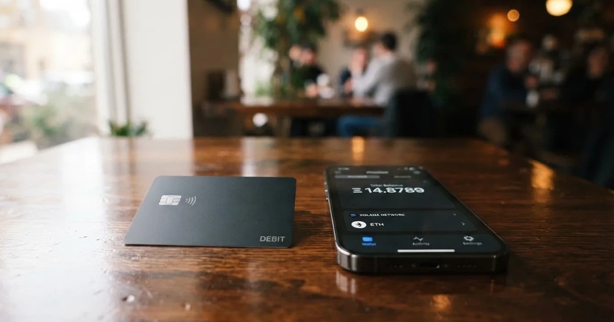 A payment card next to a phone with a crypto wallet app open