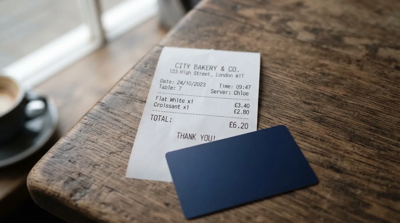 A receipt and a card on a café table