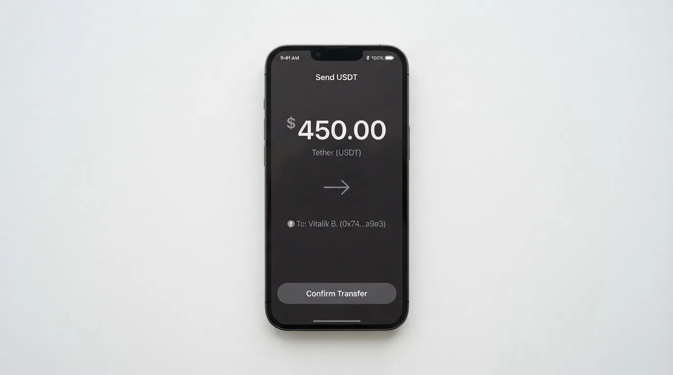 A phone showing a stablecoin transfer screen