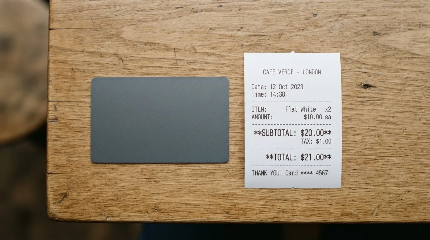 A receipt and a card on a café table