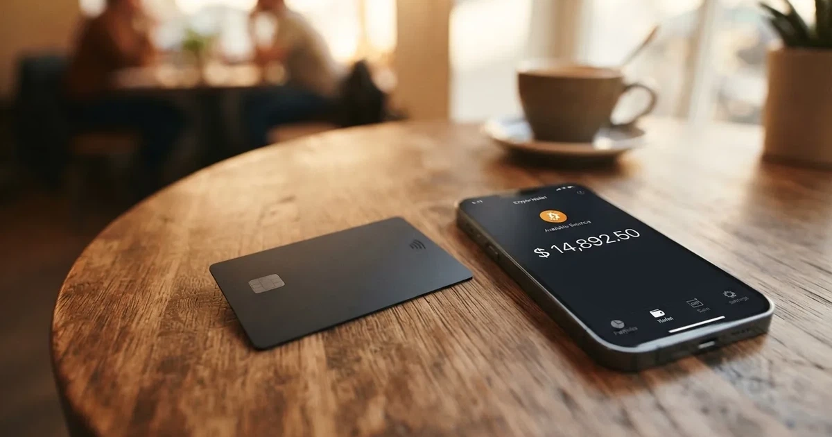 A payment card next to a phone with a crypto wallet app open