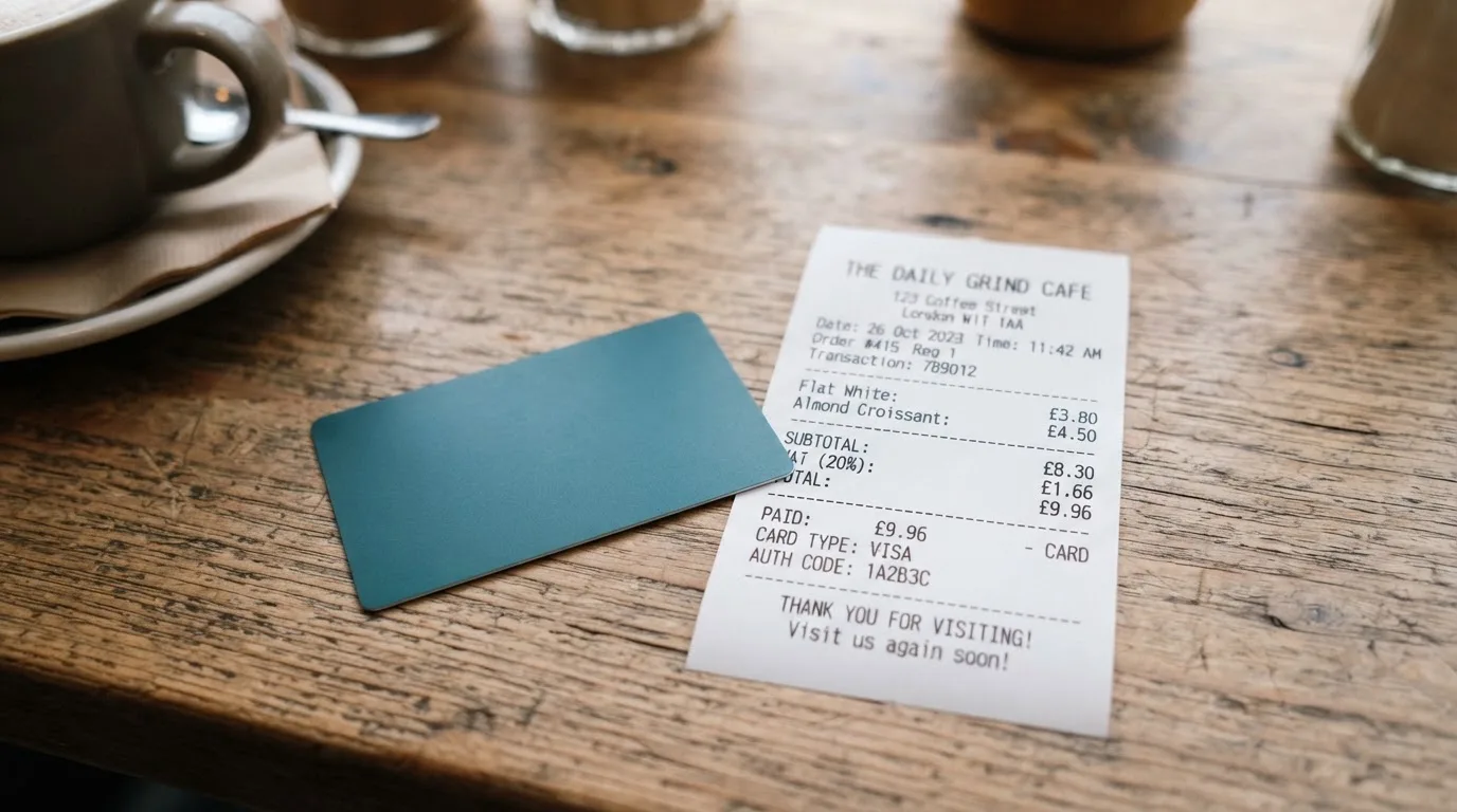 A receipt and a card on a café table