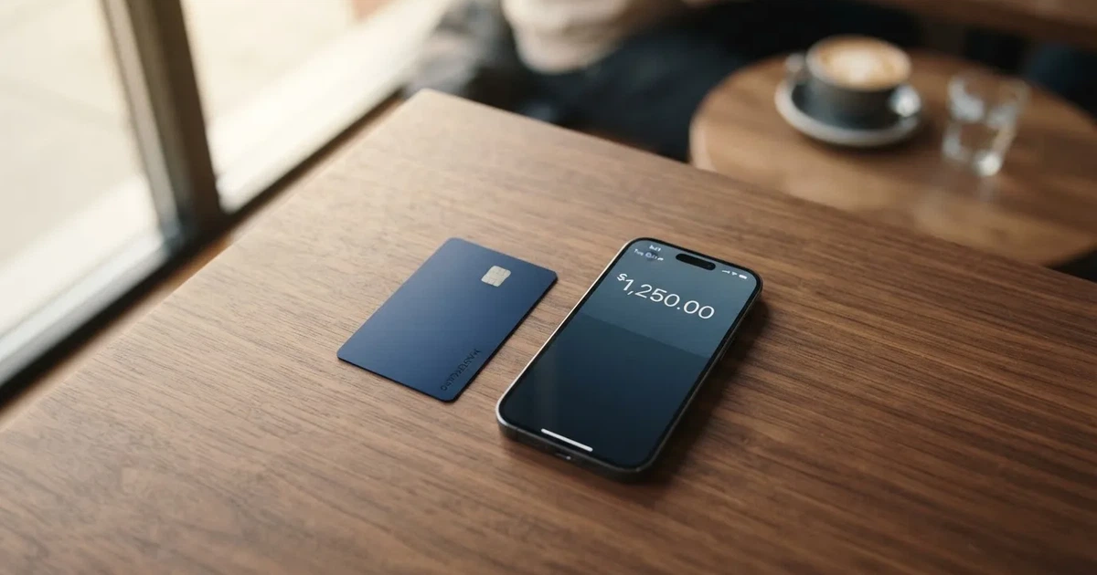 A payment card next to a phone with a crypto wallet app open