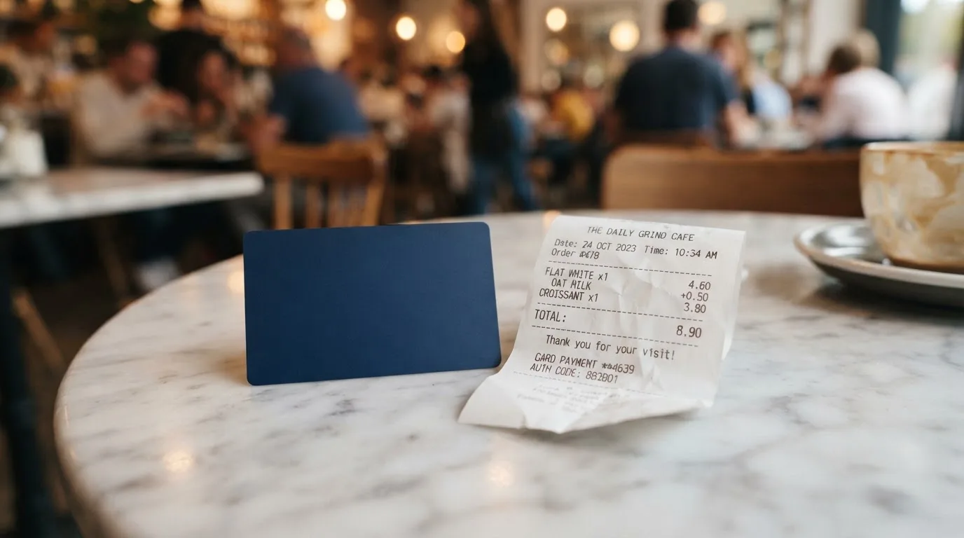 A receipt and a card on a café table