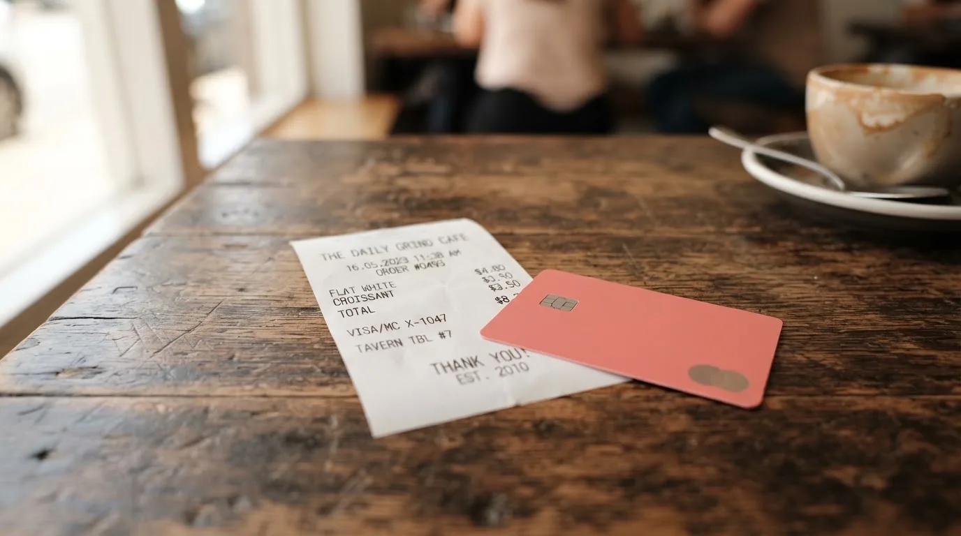 A receipt and a card on a café table