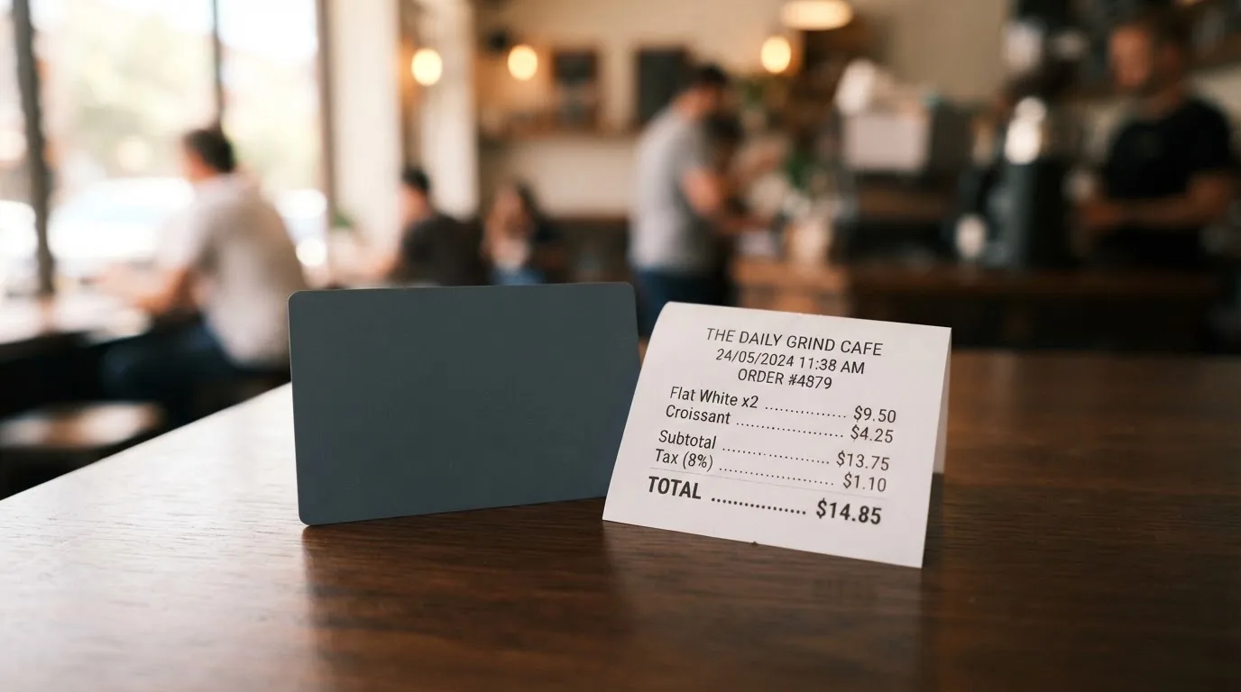 A receipt and a card on a café table