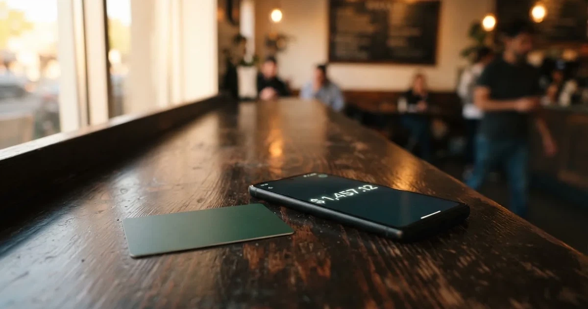 A payment card next to a phone with a crypto wallet app open