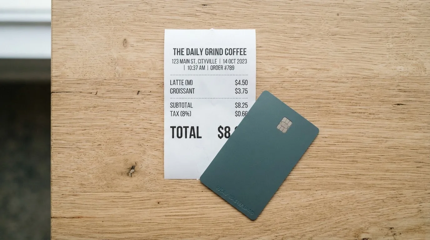 A receipt and a card on a café table